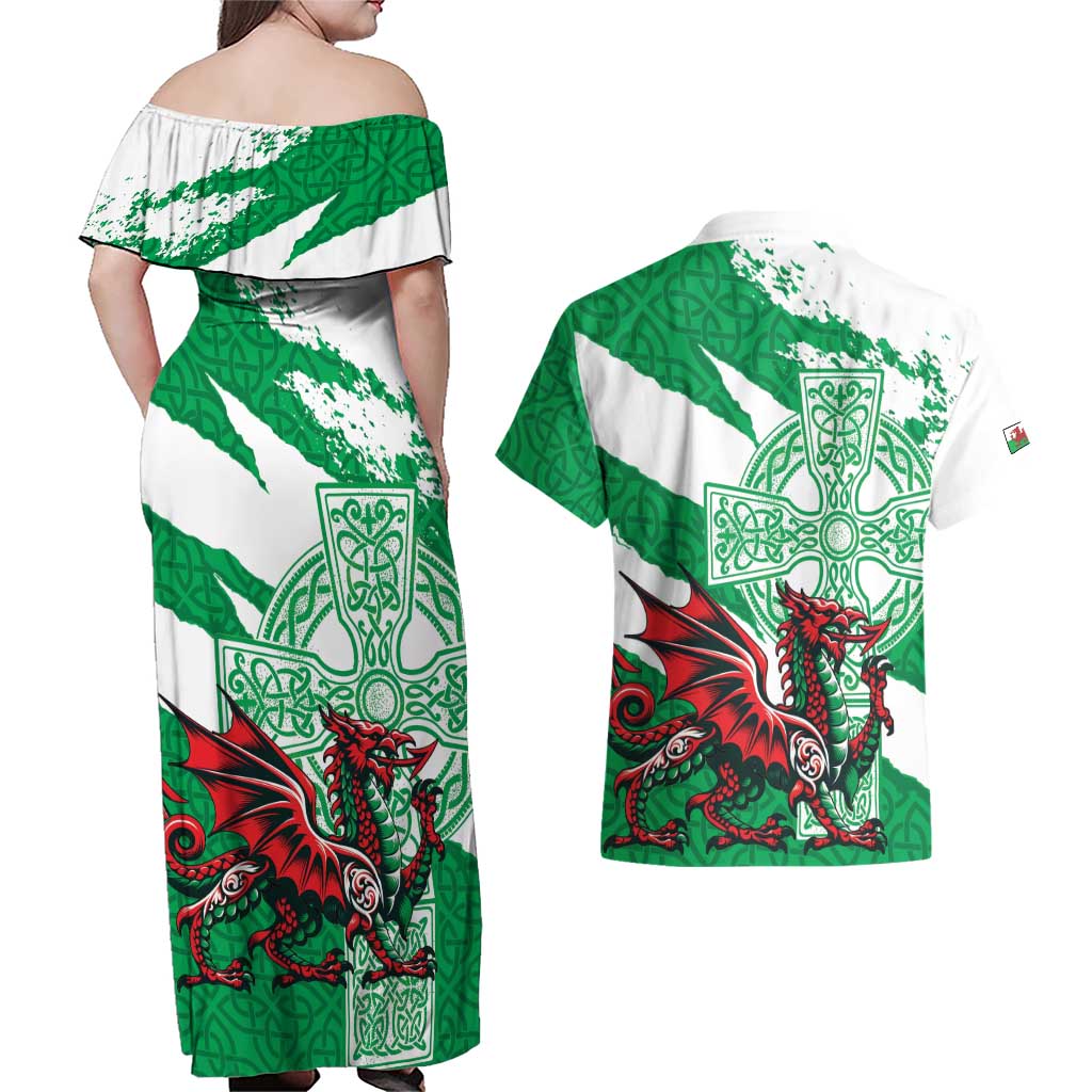 Wales Celtic Cross Couples Matching Off Shoulder Maxi Dress and Hawaiian Shirt Cymru Am Byth Green Version - Wonder Print Shop