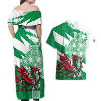 Wales Celtic Cross Couples Matching Off Shoulder Maxi Dress and Hawaiian Shirt Cymru Am Byth Green Version - Wonder Print Shop