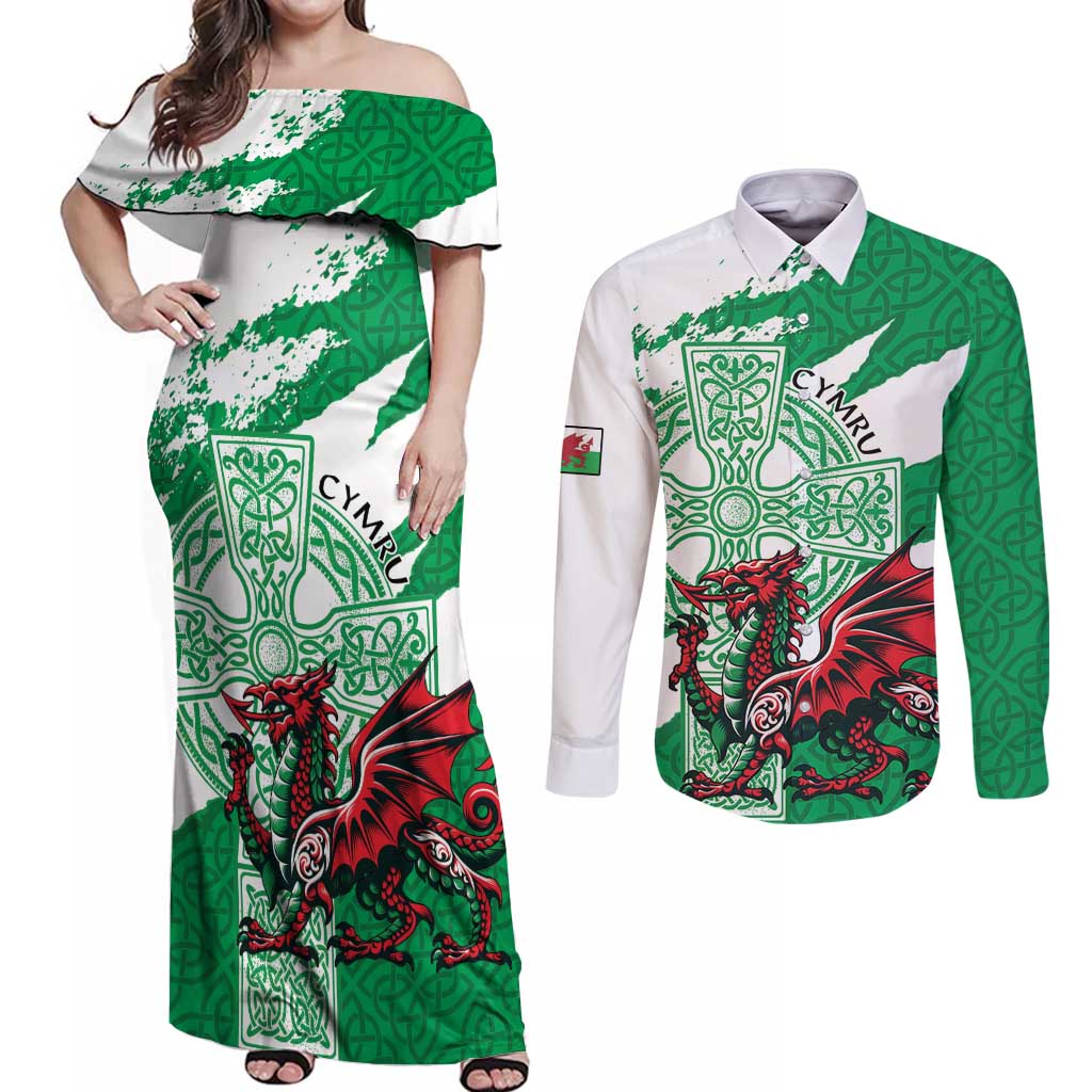 Wales Celtic Cross Couples Matching Off Shoulder Maxi Dress and Long Sleeve Button Shirt Cymru Am Byth Green Version - Wonder Print Shop