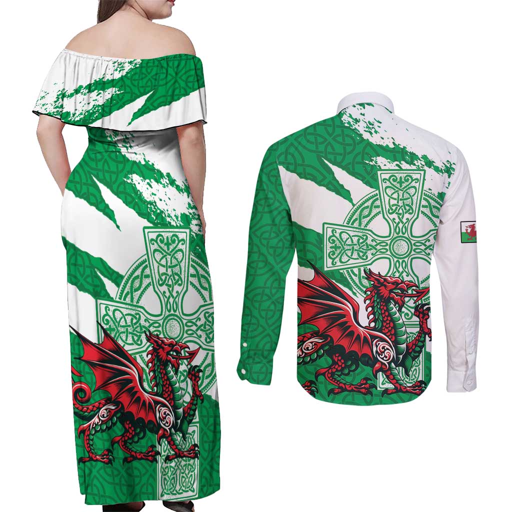 Wales Celtic Cross Couples Matching Off Shoulder Maxi Dress and Long Sleeve Button Shirt Cymru Am Byth Green Version - Wonder Print Shop