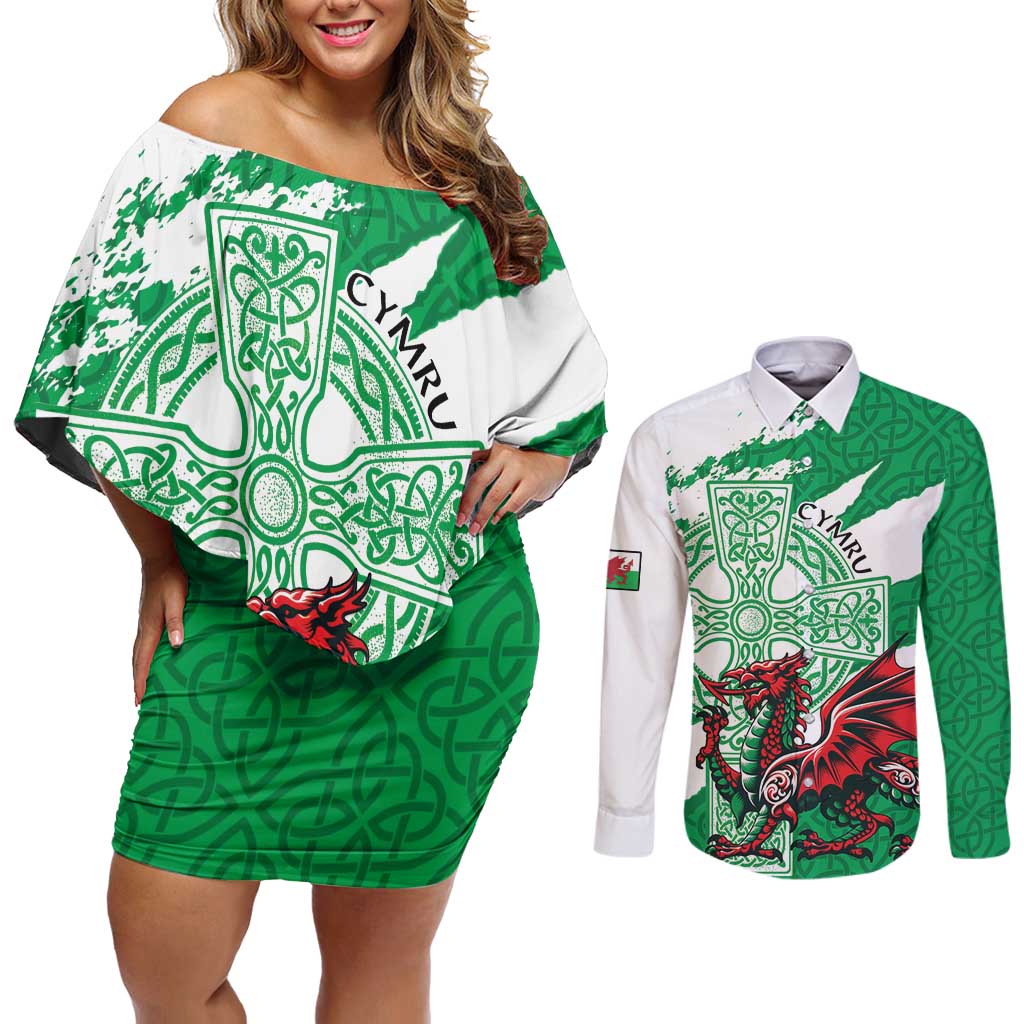 Wales Celtic Cross Couples Matching Off Shoulder Short Dress and Long Sleeve Button Shirt Cymru Am Byth Green Version - Wonder Print Shop
