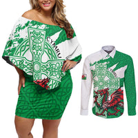 Wales Celtic Cross Couples Matching Off Shoulder Short Dress and Long Sleeve Button Shirt Cymru Am Byth Green Version - Wonder Print Shop