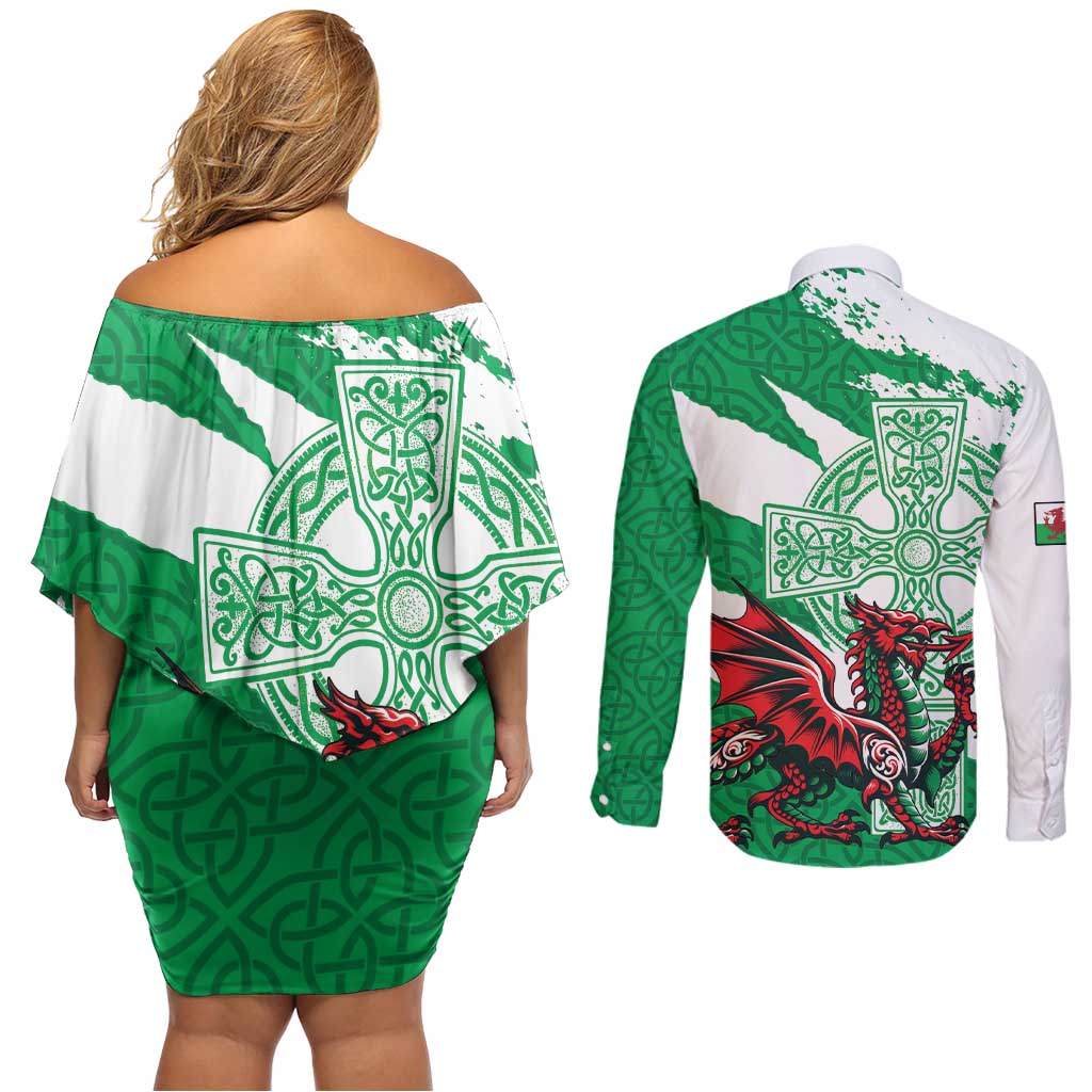 Wales Celtic Cross Couples Matching Off Shoulder Short Dress and Long Sleeve Button Shirt Cymru Am Byth Green Version - Wonder Print Shop