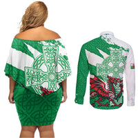 Wales Celtic Cross Couples Matching Off Shoulder Short Dress and Long Sleeve Button Shirt Cymru Am Byth Green Version - Wonder Print Shop