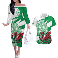 Wales Celtic Cross Couples Matching Off The Shoulder Long Sleeve Dress and Hawaiian Shirt Cymru Am Byth Green Version - Wonder Print Shop