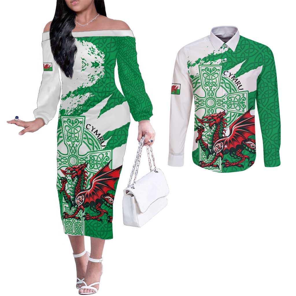 Wales Celtic Cross Couples Matching Off The Shoulder Long Sleeve Dress and Long Sleeve Button Shirt Cymru Am Byth Green Version - Wonder Print Shop