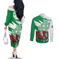 Wales Celtic Cross Couples Matching Off The Shoulder Long Sleeve Dress and Long Sleeve Button Shirt Cymru Am Byth Green Version - Wonder Print Shop