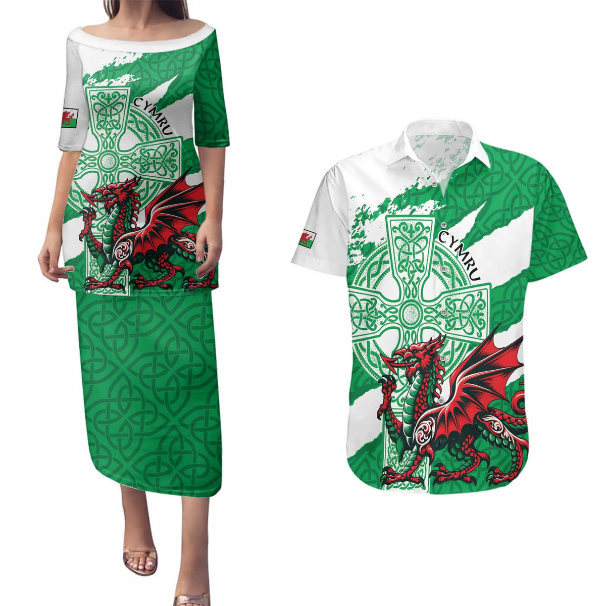 Wales Celtic Cross Couples Matching Puletasi and Hawaiian Shirt Cymru Am Byth Green Version - Wonder Print Shop