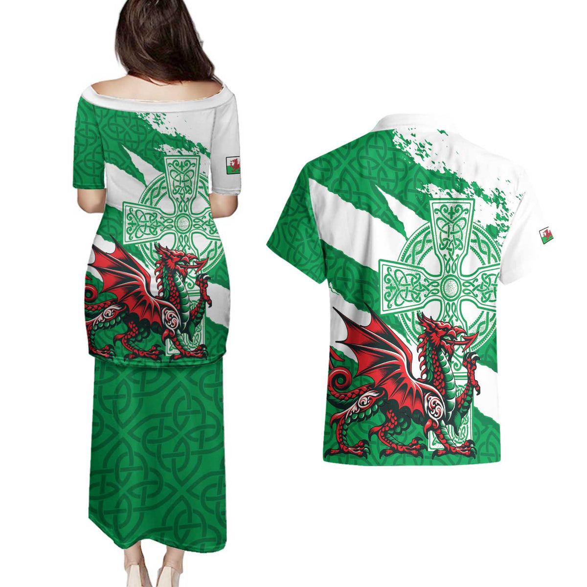 Wales Celtic Cross Couples Matching Puletasi and Hawaiian Shirt Cymru Am Byth Green Version - Wonder Print Shop