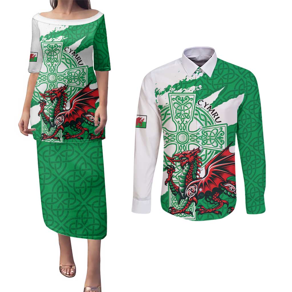 Wales Celtic Cross Couples Matching Puletasi and Long Sleeve Button Shirt Cymru Am Byth Green Version - Wonder Print Shop