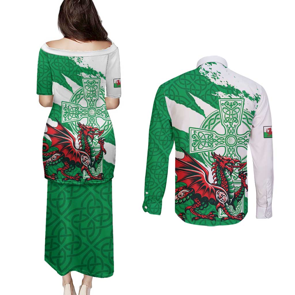 Wales Celtic Cross Couples Matching Puletasi and Long Sleeve Button Shirt Cymru Am Byth Green Version - Wonder Print Shop