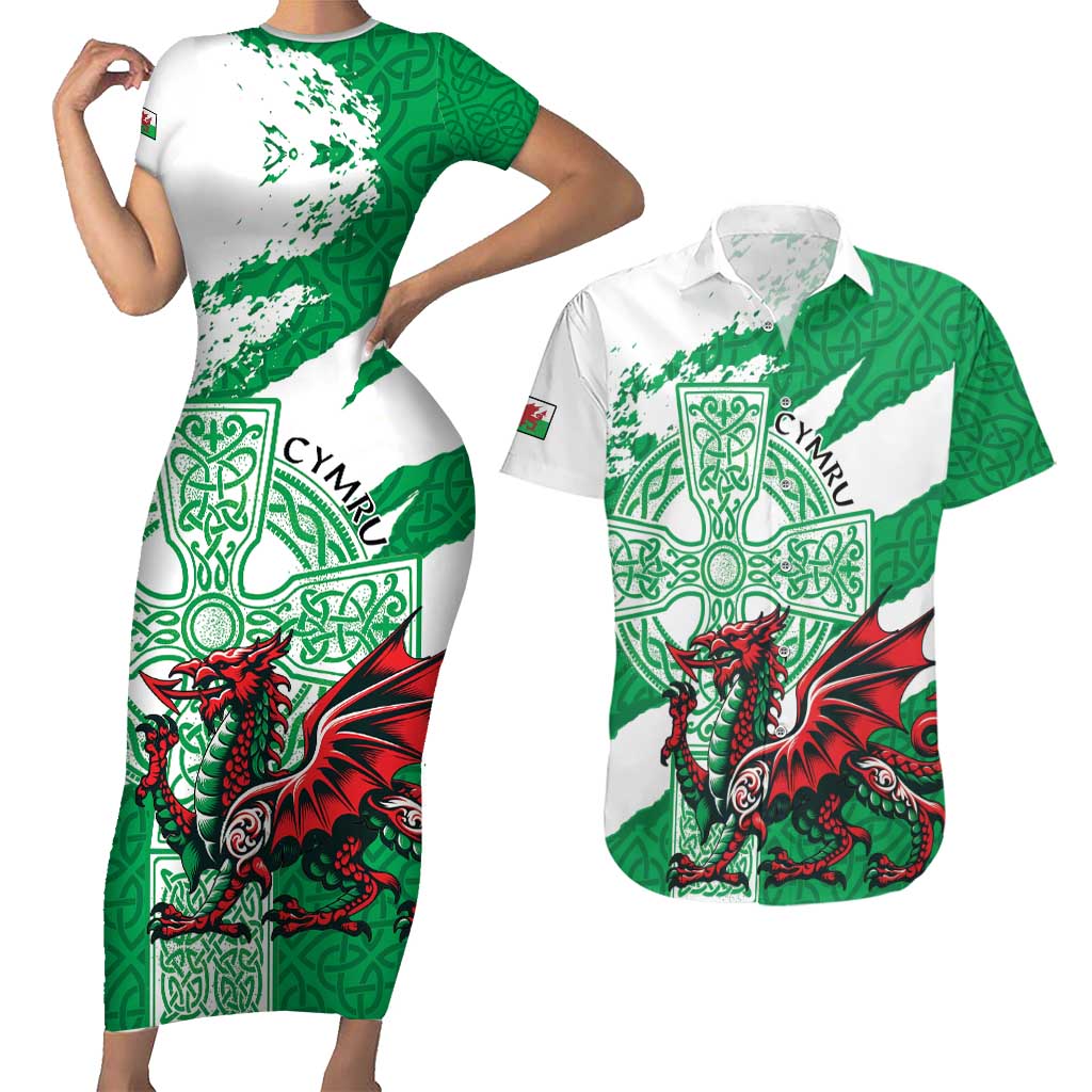 Wales Celtic Cross Couples Matching Short Sleeve Bodycon Dress and Hawaiian Shirt Cymru Am Byth Green Version - Wonder Print Shop