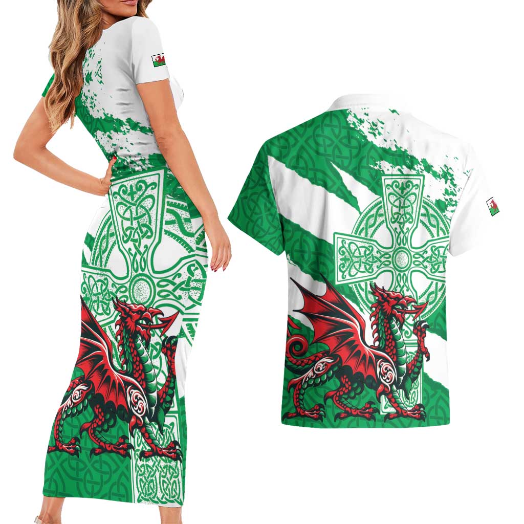 Wales Celtic Cross Couples Matching Short Sleeve Bodycon Dress and Hawaiian Shirt Cymru Am Byth Green Version - Wonder Print Shop