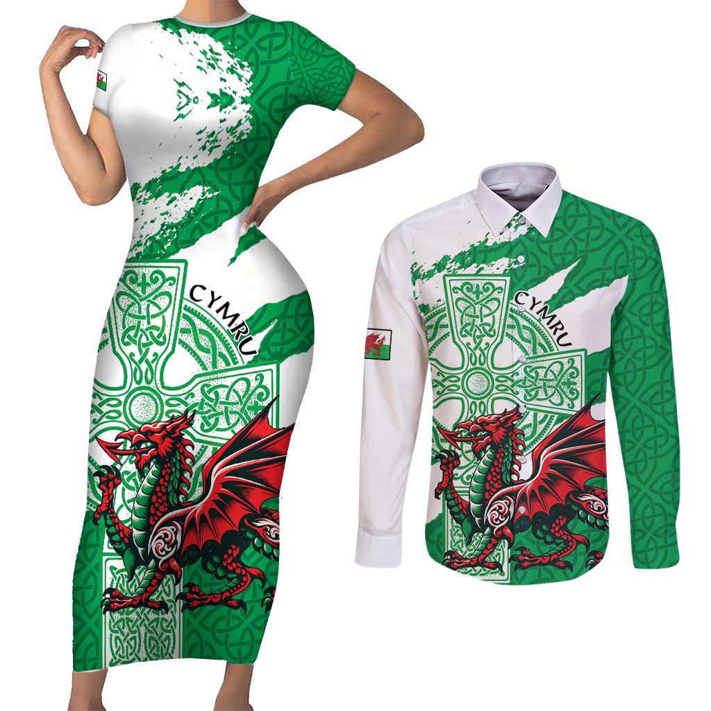 Wales Celtic Cross Couples Matching Short Sleeve Bodycon Dress and Long Sleeve Button Shirt Cymru Am Byth Green Version - Wonder Print Shop