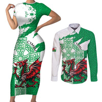 Wales Celtic Cross Couples Matching Short Sleeve Bodycon Dress and Long Sleeve Button Shirt Cymru Am Byth Green Version - Wonder Print Shop