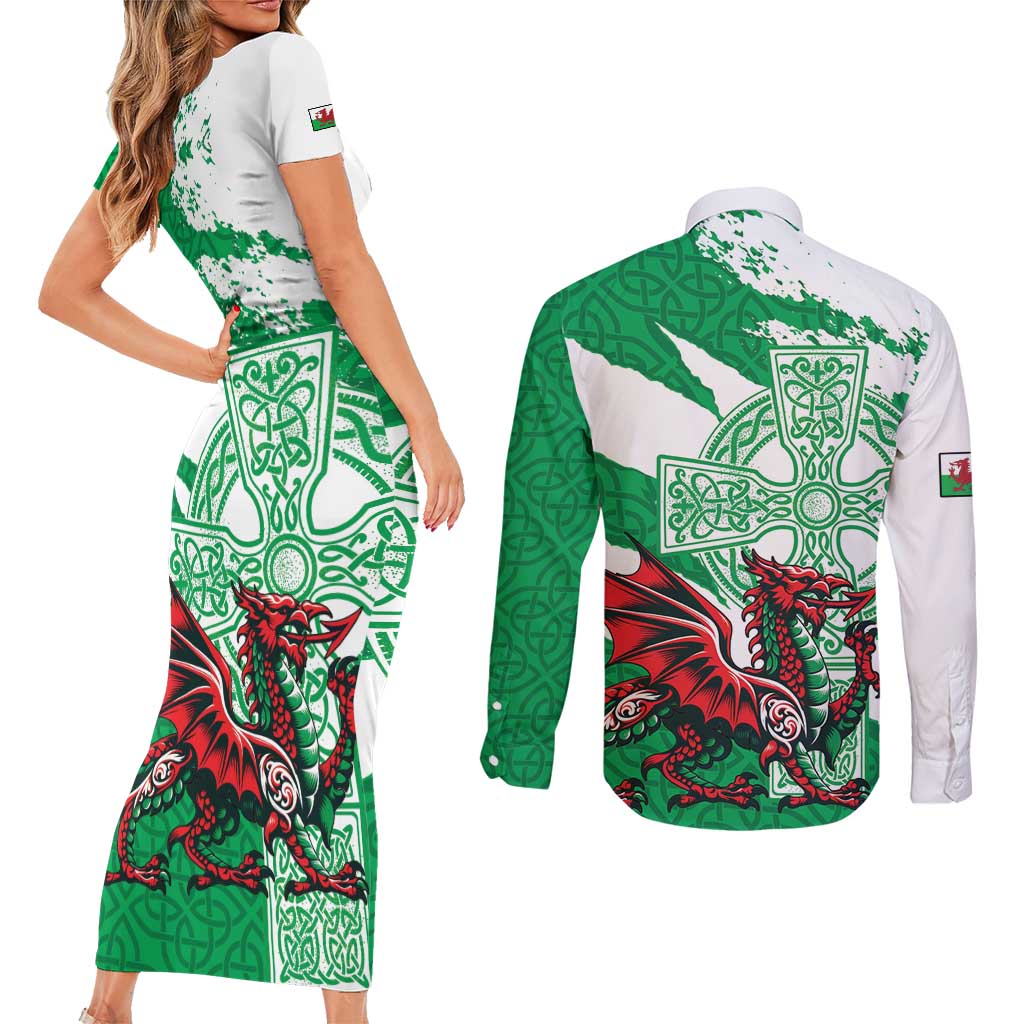 Wales Celtic Cross Couples Matching Short Sleeve Bodycon Dress and Long Sleeve Button Shirt Cymru Am Byth Green Version - Wonder Print Shop