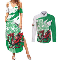 Wales Celtic Cross Couples Matching Summer Maxi Dress and Long Sleeve Button Shirt Cymru Am Byth Green Version - Wonder Print Shop