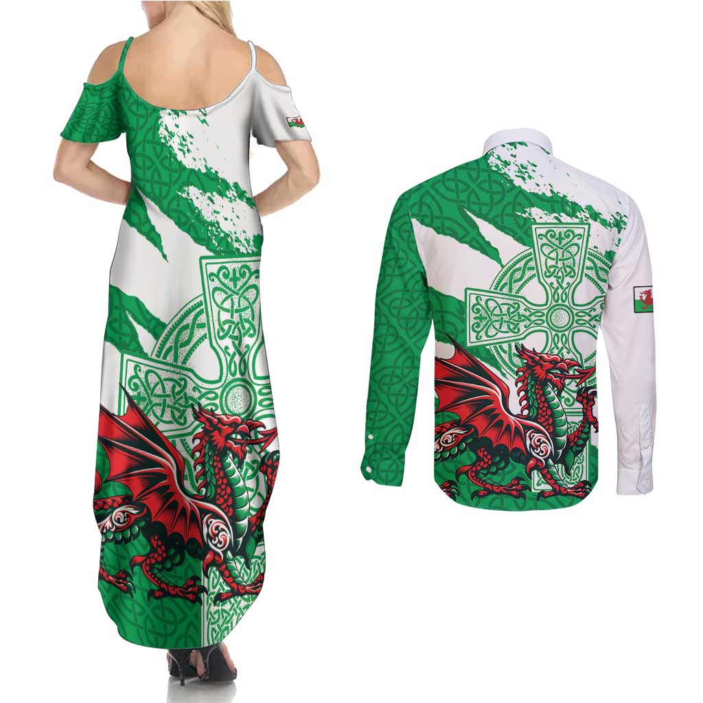 Wales Celtic Cross Couples Matching Summer Maxi Dress and Long Sleeve Button Shirt Cymru Am Byth Green Version - Wonder Print Shop