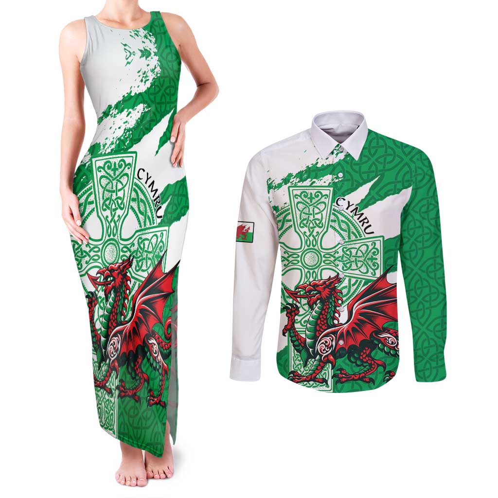 Wales Celtic Cross Couples Matching Tank Maxi Dress and Long Sleeve Button Shirt Cymru Am Byth Green Version - Wonder Print Shop