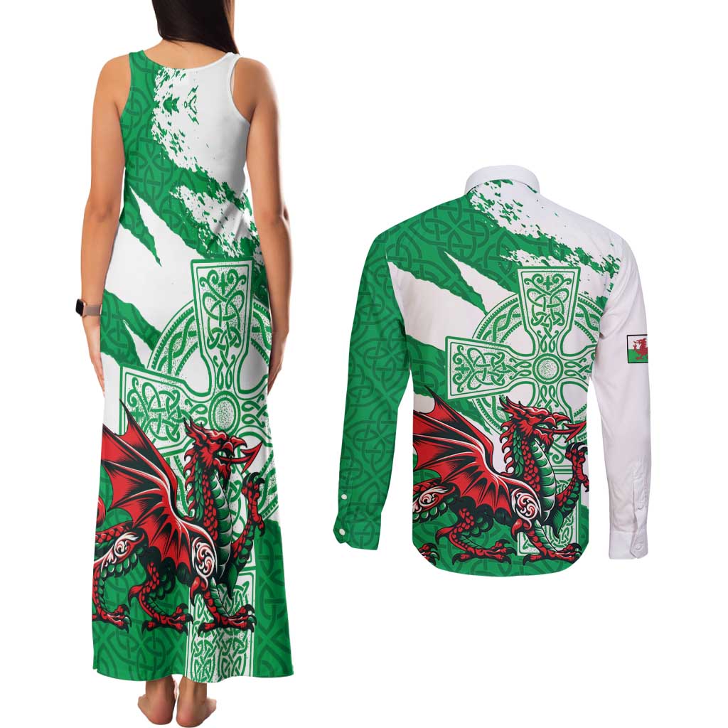 Wales Celtic Cross Couples Matching Tank Maxi Dress and Long Sleeve Button Shirt Cymru Am Byth Green Version - Wonder Print Shop