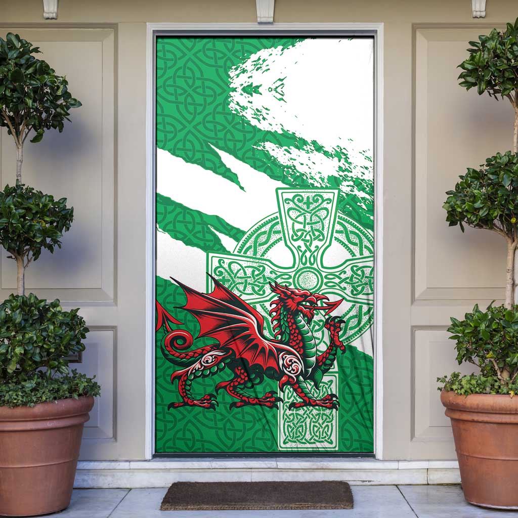 Wales Celtic Cross Door Cover Cymru Am Byth Green Version - Wonder Print Shop