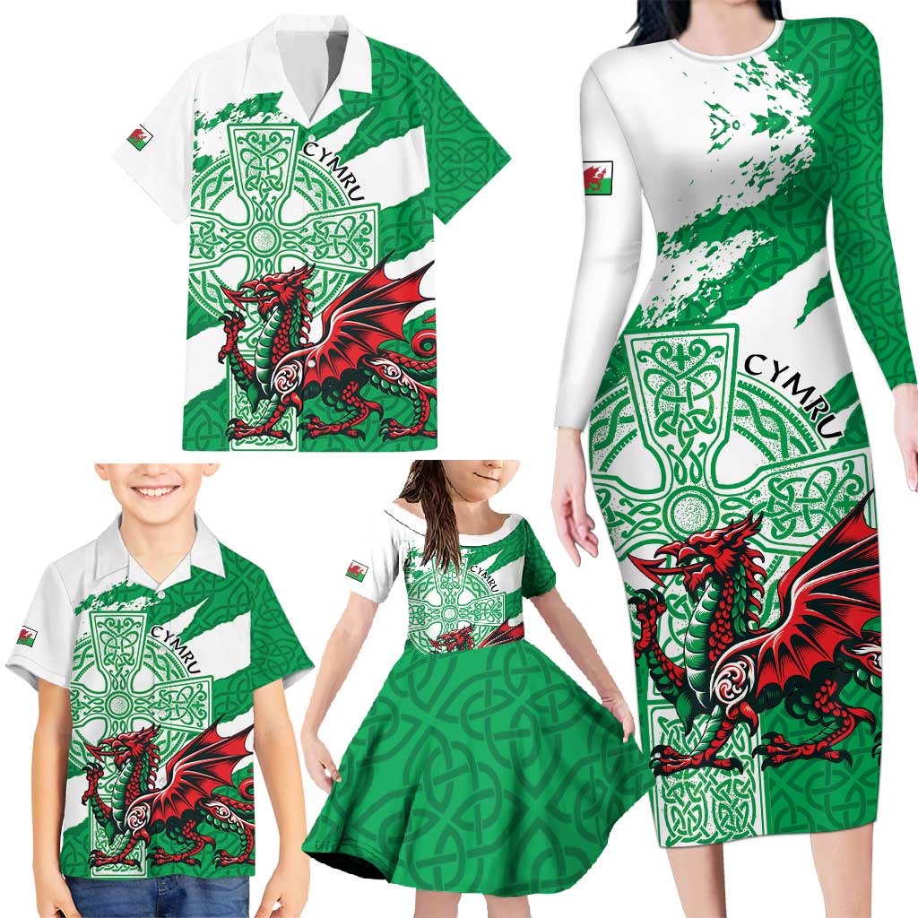 Wales Celtic Cross Family Matching Long Sleeve Bodycon Dress and Hawaiian Shirt Cymru Am Byth Green Version - Wonder Print Shop