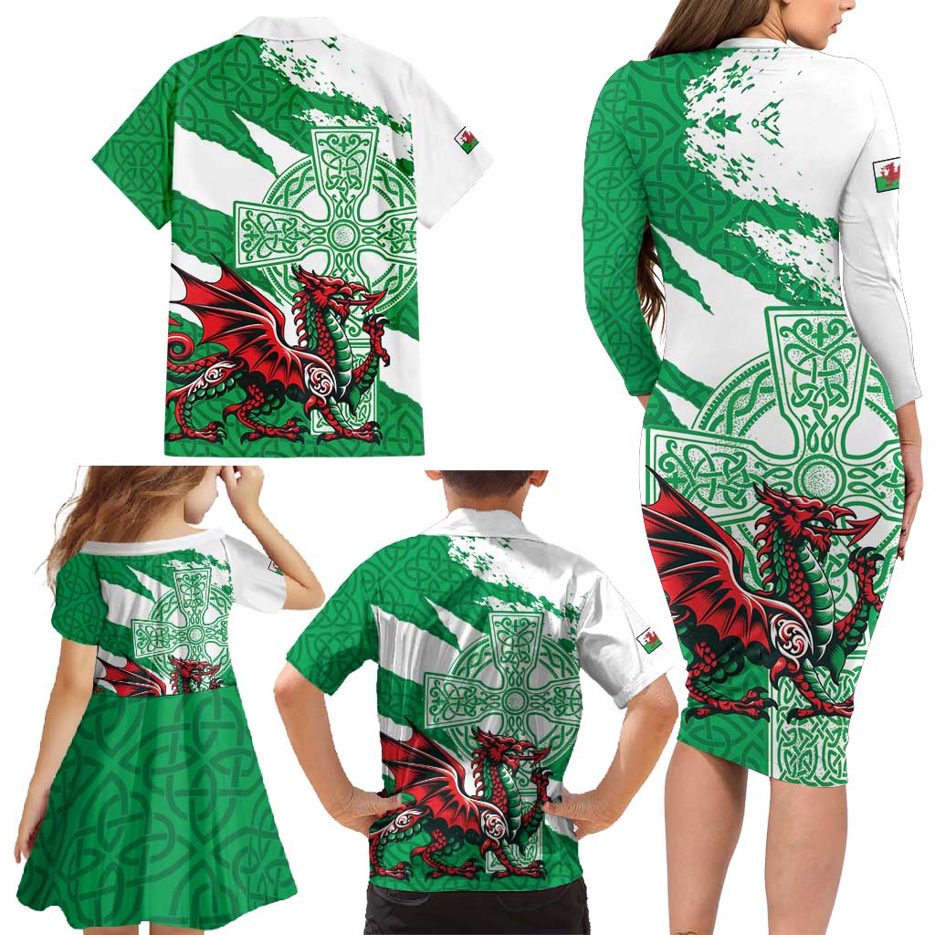 Wales Celtic Cross Family Matching Long Sleeve Bodycon Dress and Hawaiian Shirt Cymru Am Byth Green Version - Wonder Print Shop