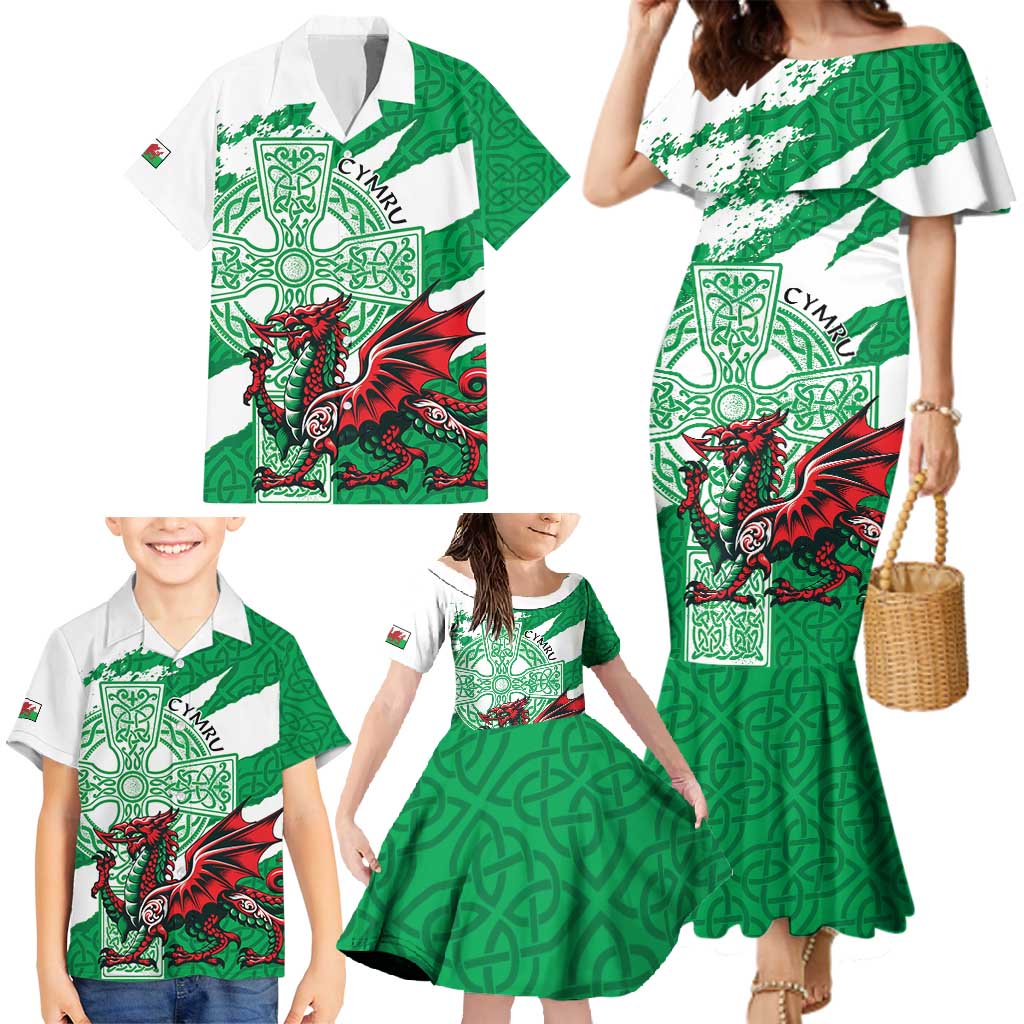 Wales Celtic Cross Family Matching Mermaid Dress and Hawaiian Shirt Cymru Am Byth Green Version - Wonder Print Shop