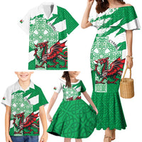 Wales Celtic Cross Family Matching Mermaid Dress and Hawaiian Shirt Cymru Am Byth Green Version - Wonder Print Shop