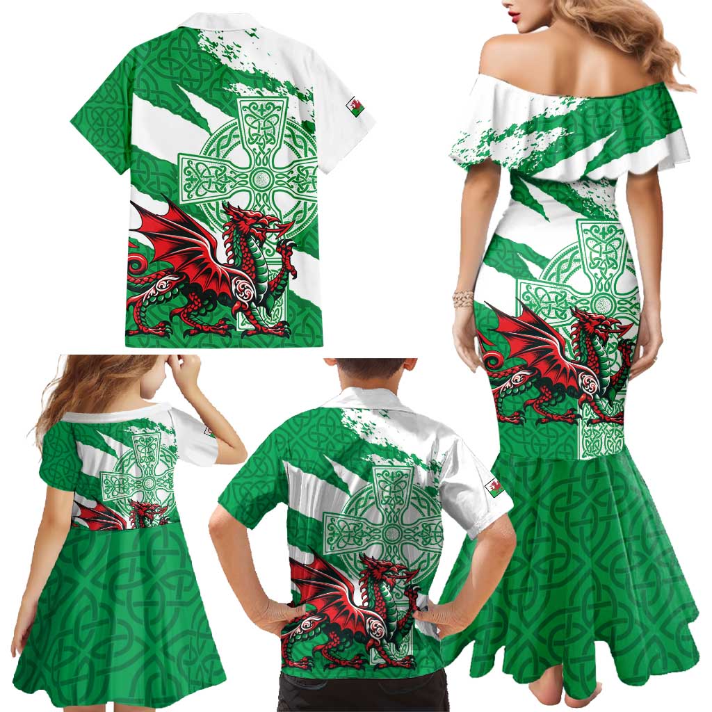 Wales Celtic Cross Family Matching Mermaid Dress and Hawaiian Shirt Cymru Am Byth Green Version - Wonder Print Shop