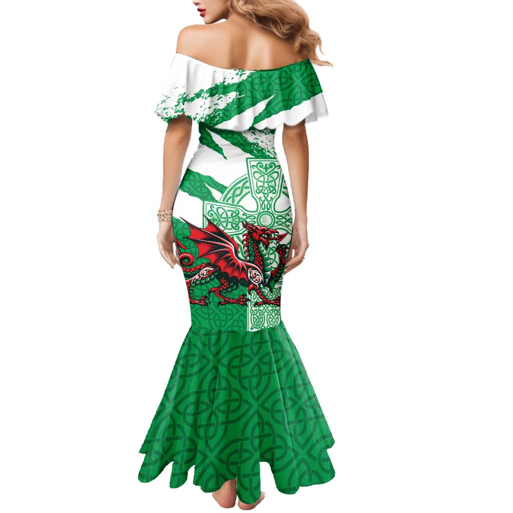Wales Celtic Cross Family Matching Mermaid Dress and Hawaiian Shirt Cymru Am Byth Green Version - Wonder Print Shop