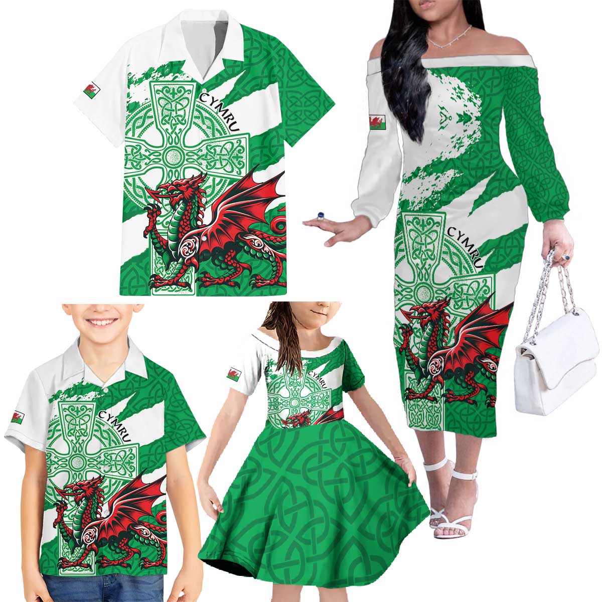 Wales Celtic Cross Family Matching Off The Shoulder Long Sleeve Dress and Hawaiian Shirt Cymru Am Byth Green Version - Wonder Print Shop