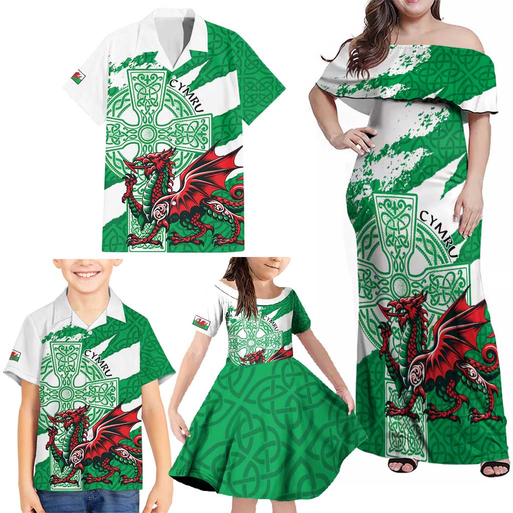 Wales Celtic Cross Family Matching Off Shoulder Maxi Dress and Hawaiian Shirt Cymru Am Byth Green Version - Wonder Print Shop