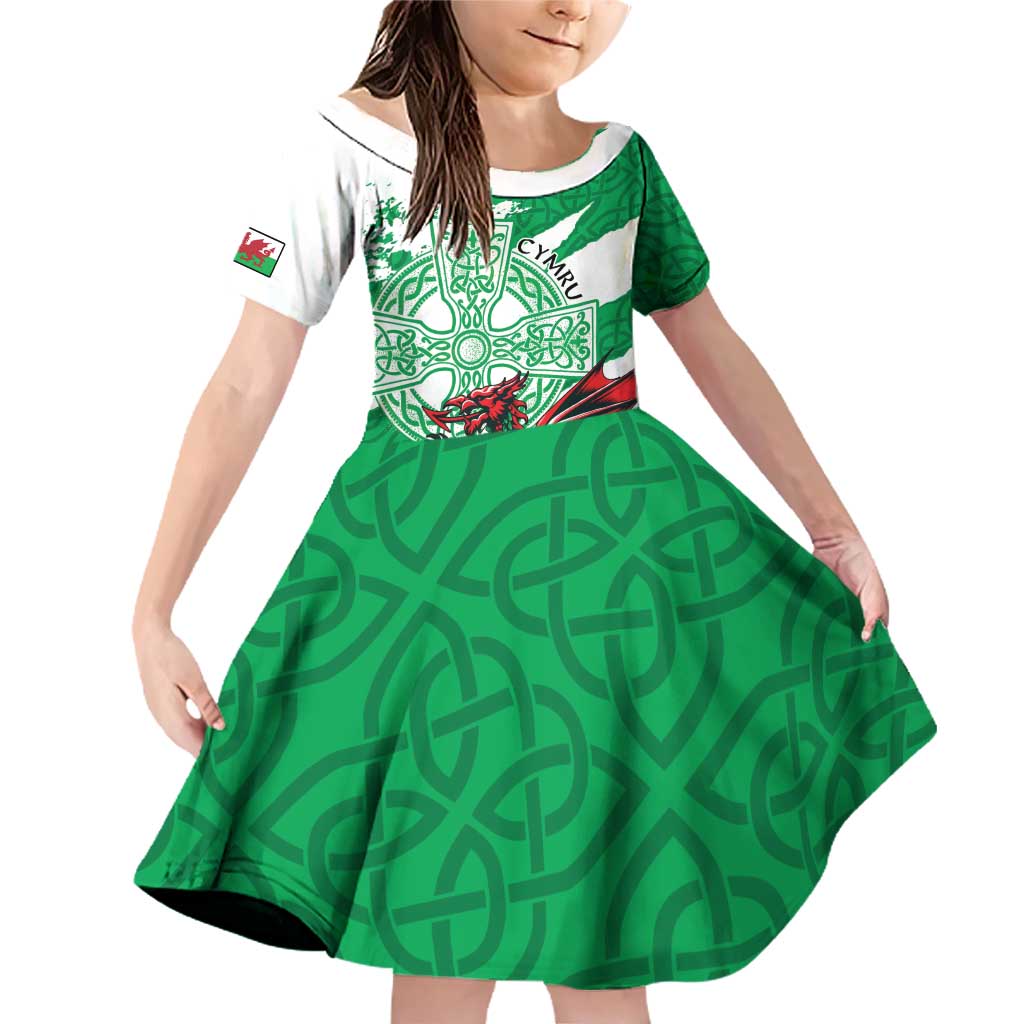 Wales Celtic Cross Family Matching Off Shoulder Short Dress and Hawaiian Shirt Cymru Am Byth Green Version - Wonder Print Shop