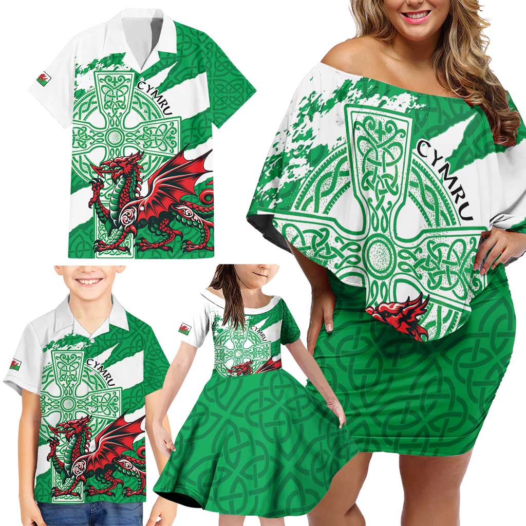 Wales Celtic Cross Family Matching Off Shoulder Short Dress and Hawaiian Shirt Cymru Am Byth Green Version - Wonder Print Shop