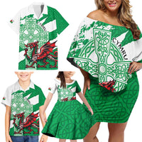 Wales Celtic Cross Family Matching Off Shoulder Short Dress and Hawaiian Shirt Cymru Am Byth Green Version - Wonder Print Shop