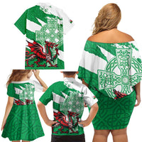 Wales Celtic Cross Family Matching Off Shoulder Short Dress and Hawaiian Shirt Cymru Am Byth Green Version - Wonder Print Shop