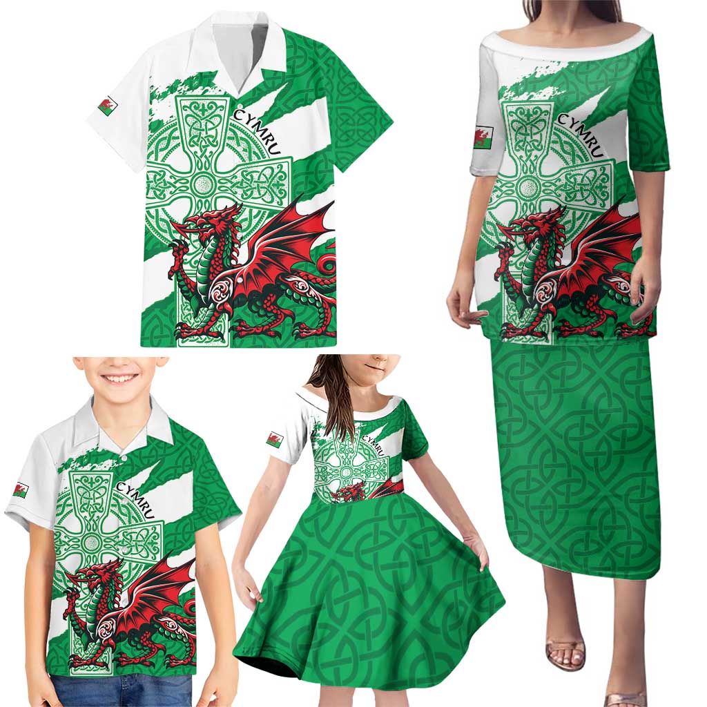 Wales Celtic Cross Family Matching Puletasi and Hawaiian Shirt Cymru Am Byth Green Version - Wonder Print Shop