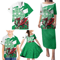 Wales Celtic Cross Family Matching Puletasi and Hawaiian Shirt Cymru Am Byth Green Version - Wonder Print Shop