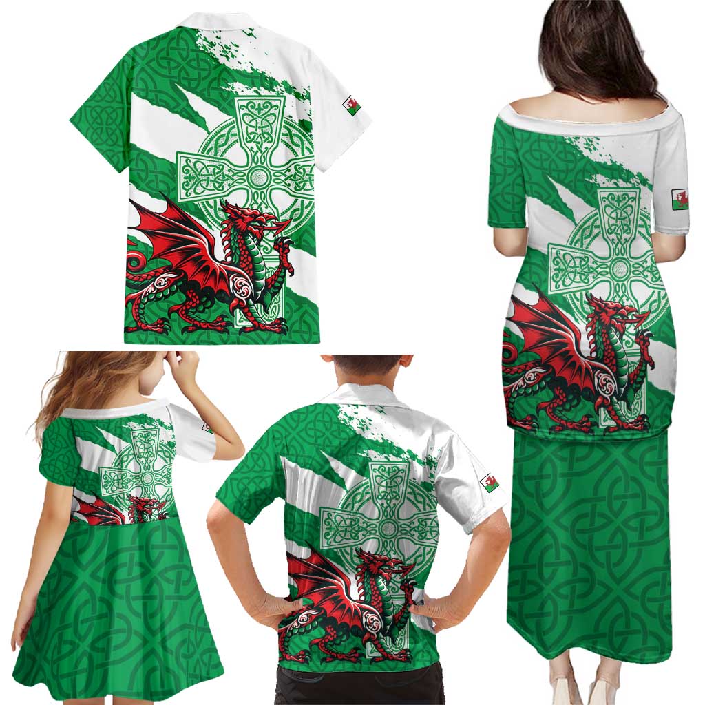Wales Celtic Cross Family Matching Puletasi and Hawaiian Shirt Cymru Am Byth Green Version - Wonder Print Shop