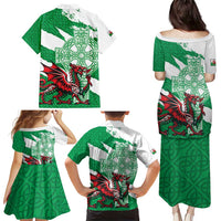Wales Celtic Cross Family Matching Puletasi and Hawaiian Shirt Cymru Am Byth Green Version - Wonder Print Shop