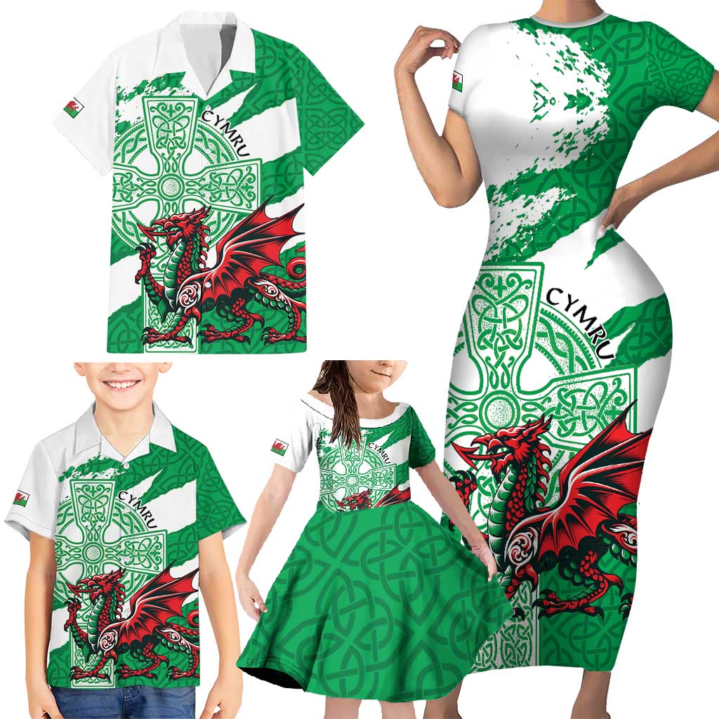 Wales Celtic Cross Family Matching Short Sleeve Bodycon Dress and Hawaiian Shirt Cymru Am Byth Green Version - Wonder Print Shop