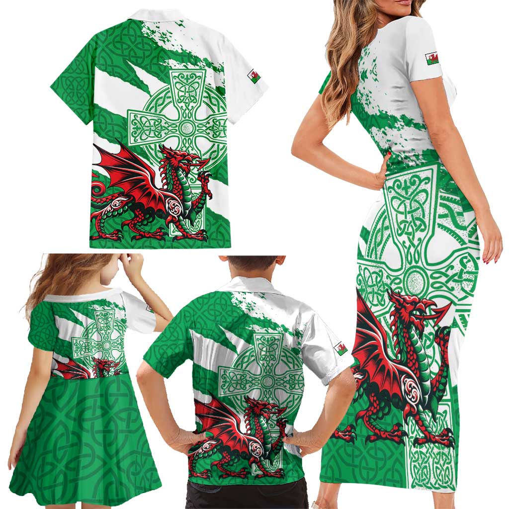 Wales Celtic Cross Family Matching Short Sleeve Bodycon Dress and Hawaiian Shirt Cymru Am Byth Green Version - Wonder Print Shop