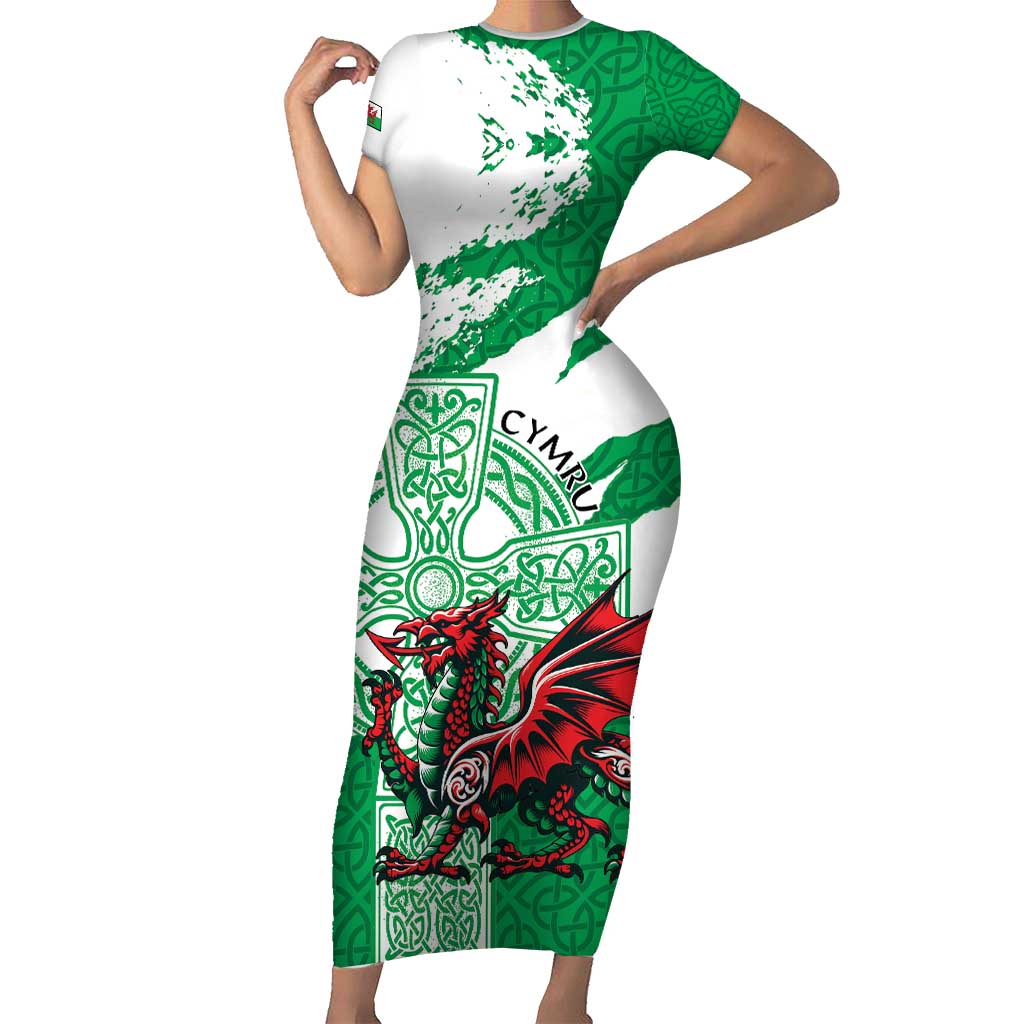 Wales Celtic Cross Family Matching Short Sleeve Bodycon Dress and Hawaiian Shirt Cymru Am Byth Green Version - Wonder Print Shop