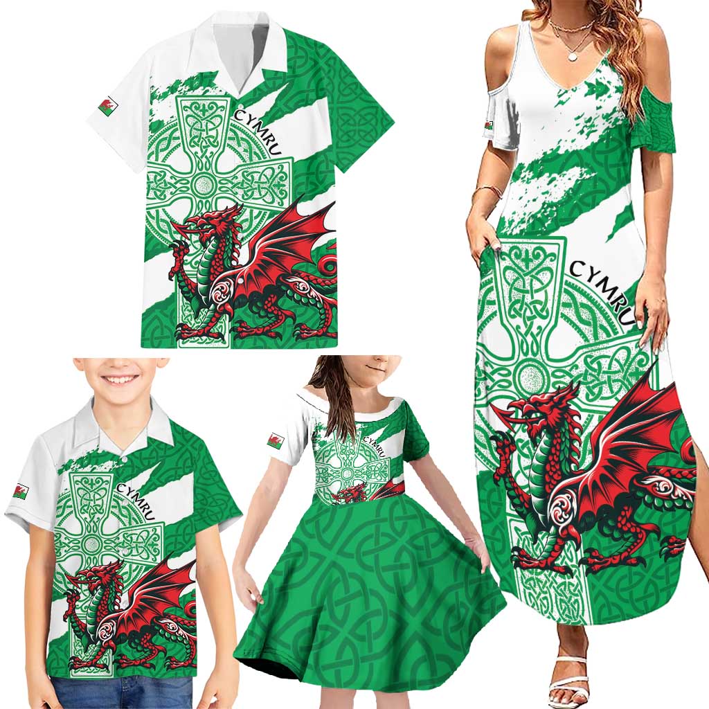 Wales Celtic Cross Family Matching Summer Maxi Dress and Hawaiian Shirt Cymru Am Byth Green Version - Wonder Print Shop