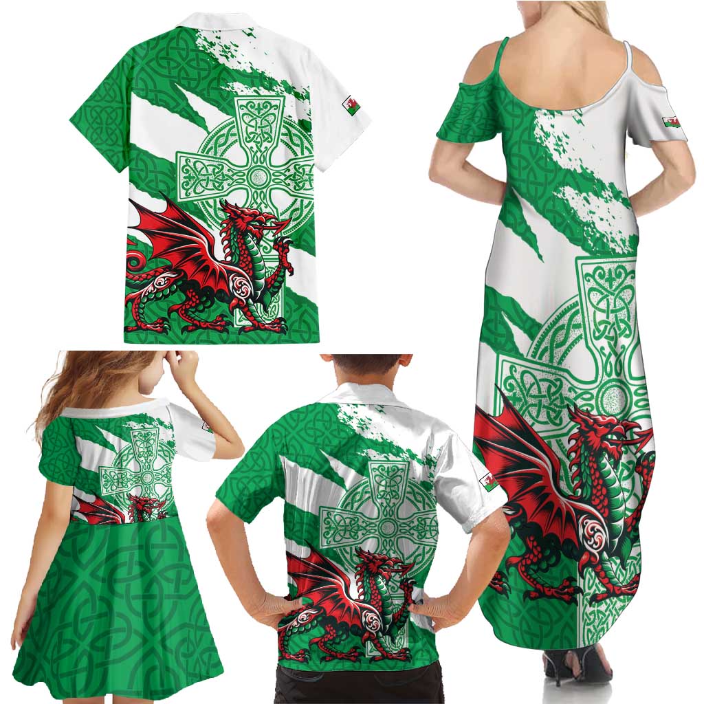 Wales Celtic Cross Family Matching Summer Maxi Dress and Hawaiian Shirt Cymru Am Byth Green Version - Wonder Print Shop