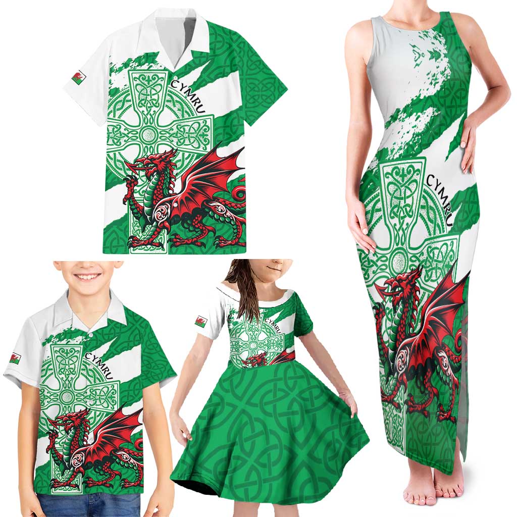 Wales Celtic Cross Family Matching Tank Maxi Dress and Hawaiian Shirt Cymru Am Byth Green Version - Wonder Print Shop