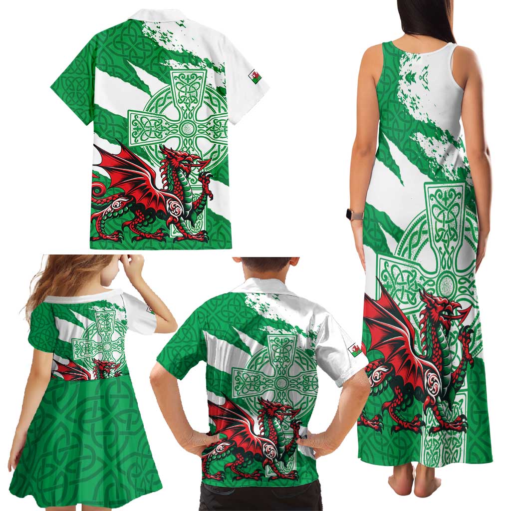 Wales Celtic Cross Family Matching Tank Maxi Dress and Hawaiian Shirt Cymru Am Byth Green Version - Wonder Print Shop