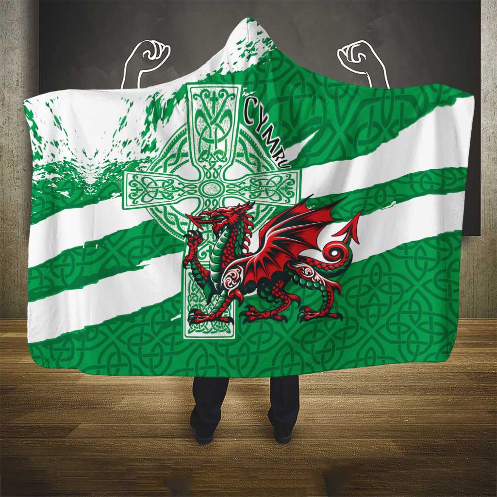 Wales Celtic Cross Hooded Blanket Cymru Am Byth Green Version - Wonder Print Shop