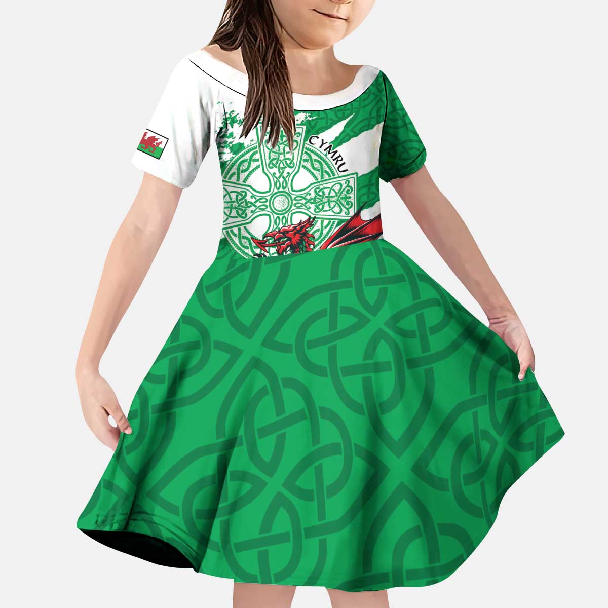 Wales Celtic Cross Kid Short Sleeve Dress Cymru Am Byth Green Version - Wonder Print Shop